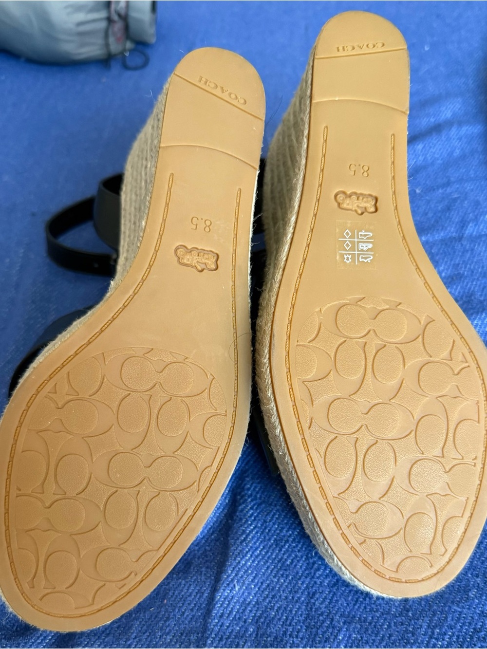 COACH Black Leather Espadrille Wedge Sandals - Picture 3 of 5